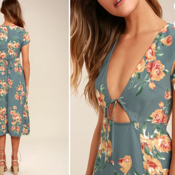 Lulus Sage Floral Print Midi Dress - Picture 3 of 6